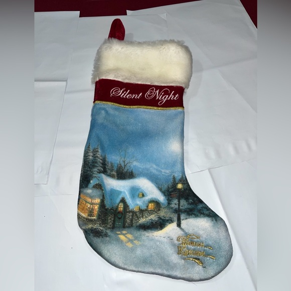 THOMAS KINKADE Silent Night Christmas Stocking Gold Embroidery 15" Satin Lining - Picture 13 of 13